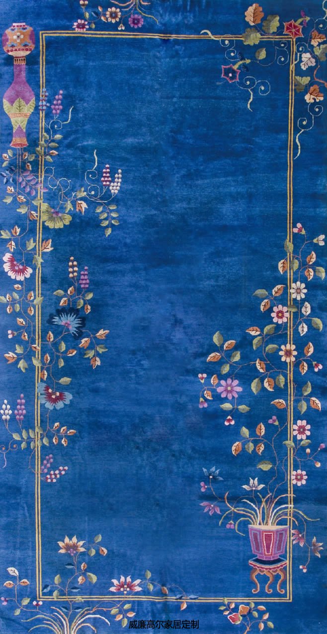 新中式古典蓝色花朵图案地毯贴图