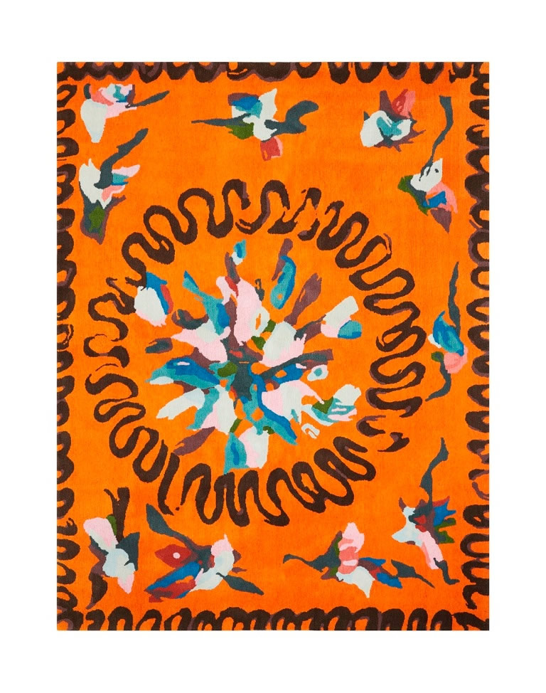 新中式风格橘黄色飞鹤图案地毯贴图