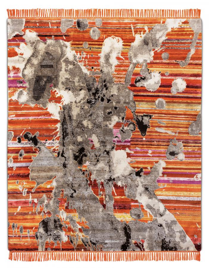 新中式橙色条纹水墨抽象图案地毯贴图-高端