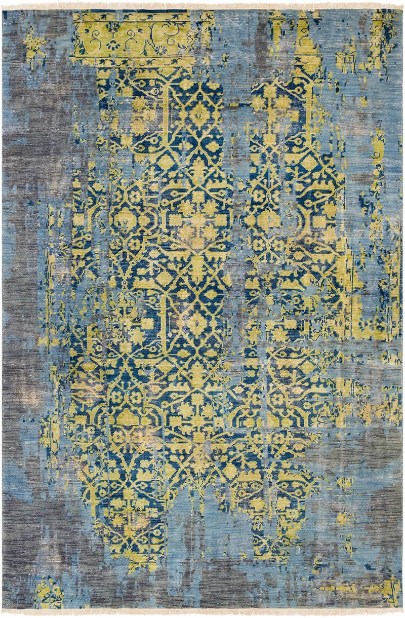 现代美式蓝黄色花纹图案地毯贴图-高端定制