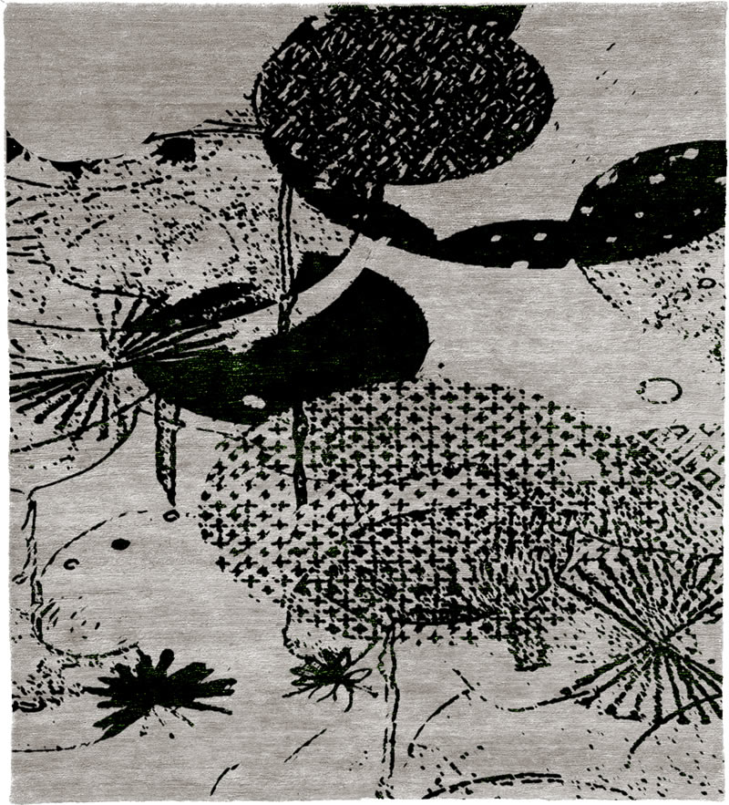 新中式风格黑白植物图案地毯贴图-高端定制