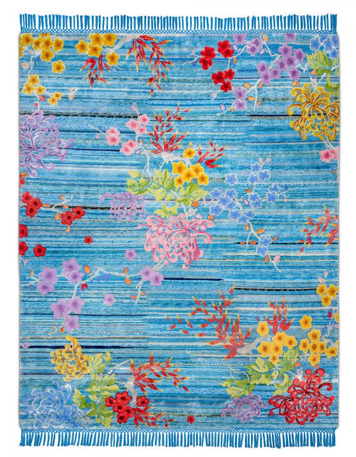 新中式风格蓝色植物图案地毯贴图-高端定制