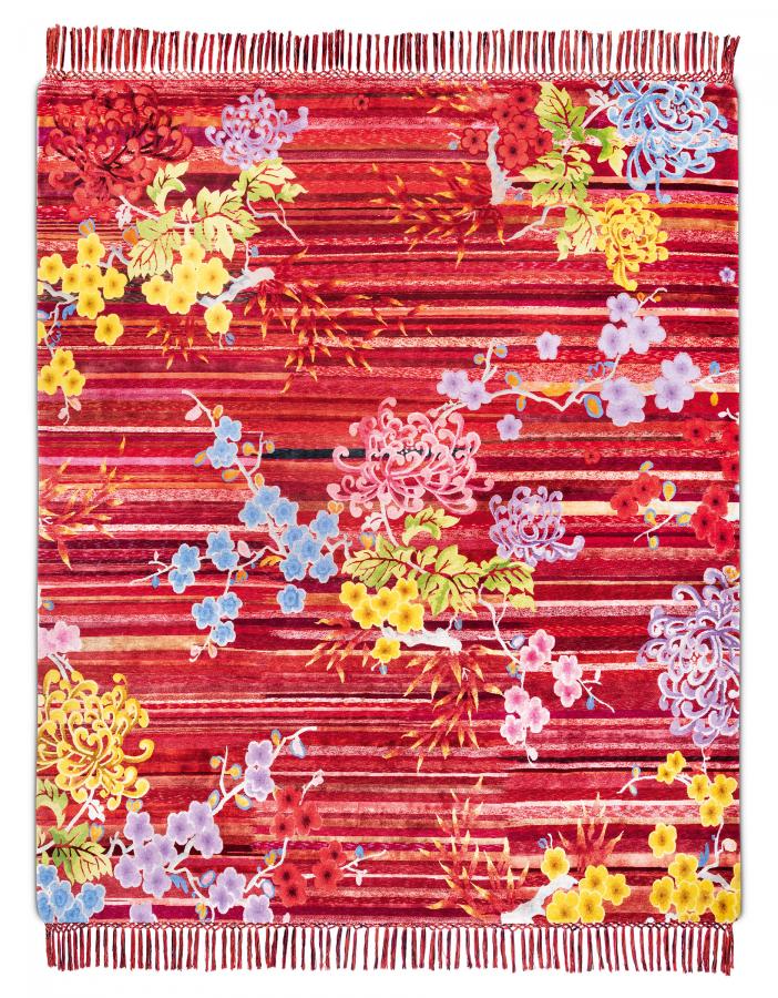 新中式风格红色植物图案地毯贴图-高端定制