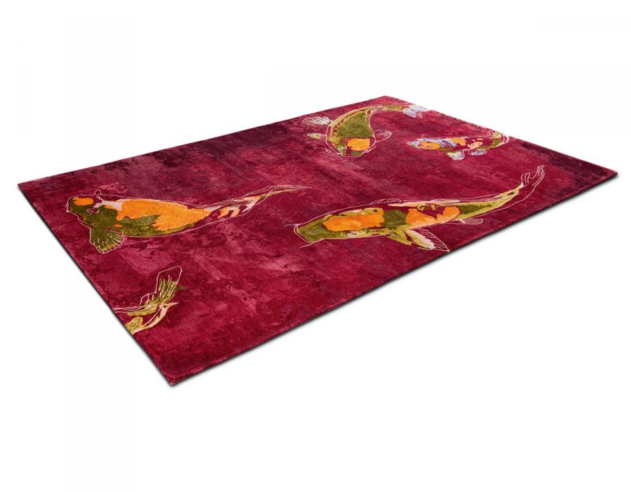 新中式酒红色鲤鱼图案地毯贴图-高端定制