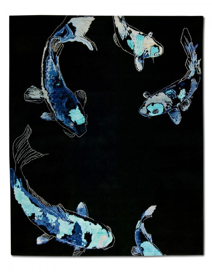 新中式黑色蓝鲤鱼图案地毯贴图-高端定制