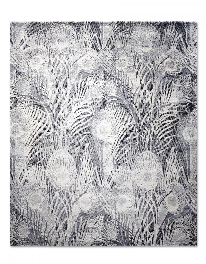 新中式灰白色植物图案地毯贴图-高端定制