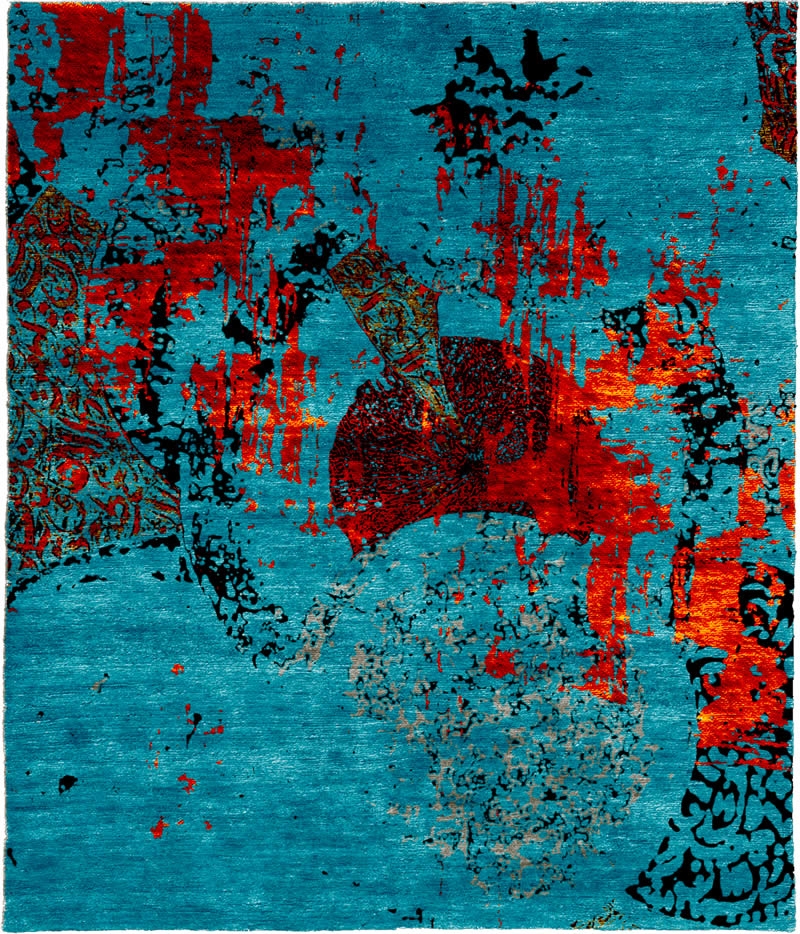 现代美式蓝色黑红抽象图案地毯贴图-高端定