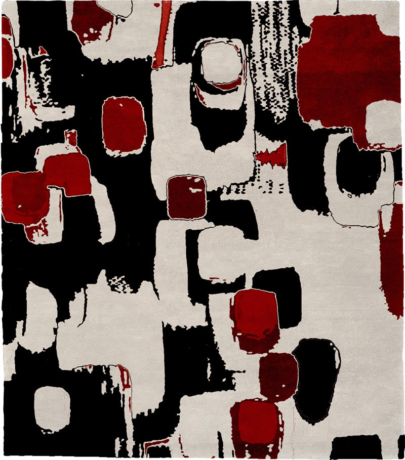 现代风格黑白红色几何色块图案地毯贴图
