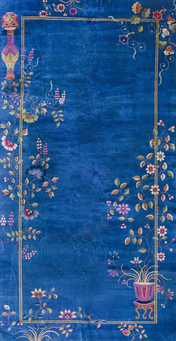 新中式古典蓝色花藤图案地毯贴图-高端定制