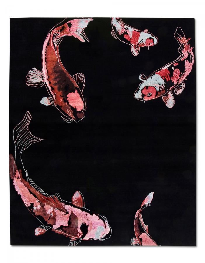 新中式黑粉色鲤鱼图案地毯贴图-高端定制