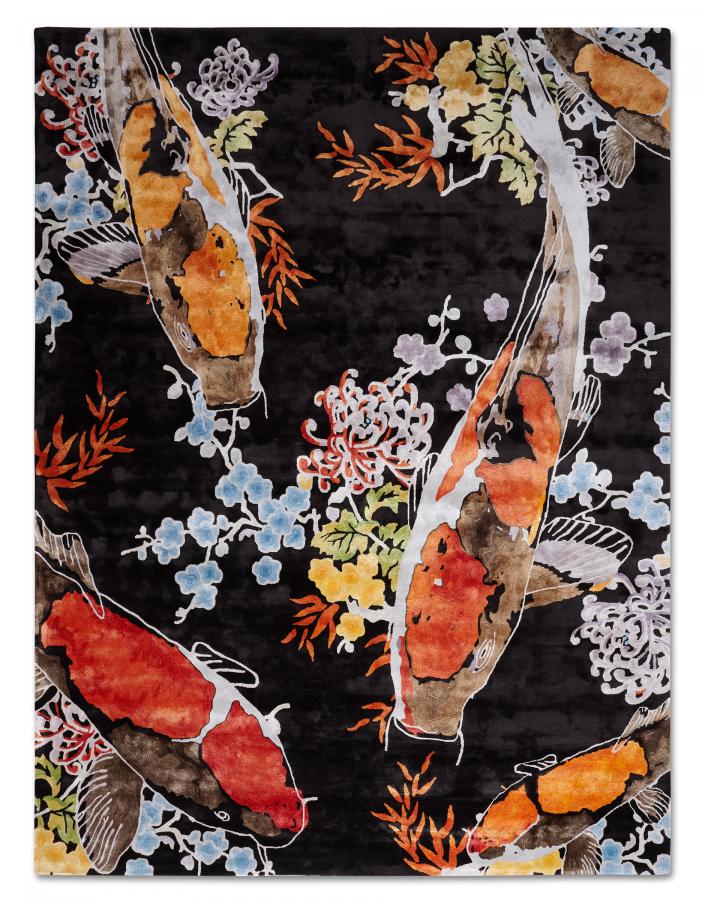 新中式彩色鲤鱼花纹图案地毯贴图-高端定制