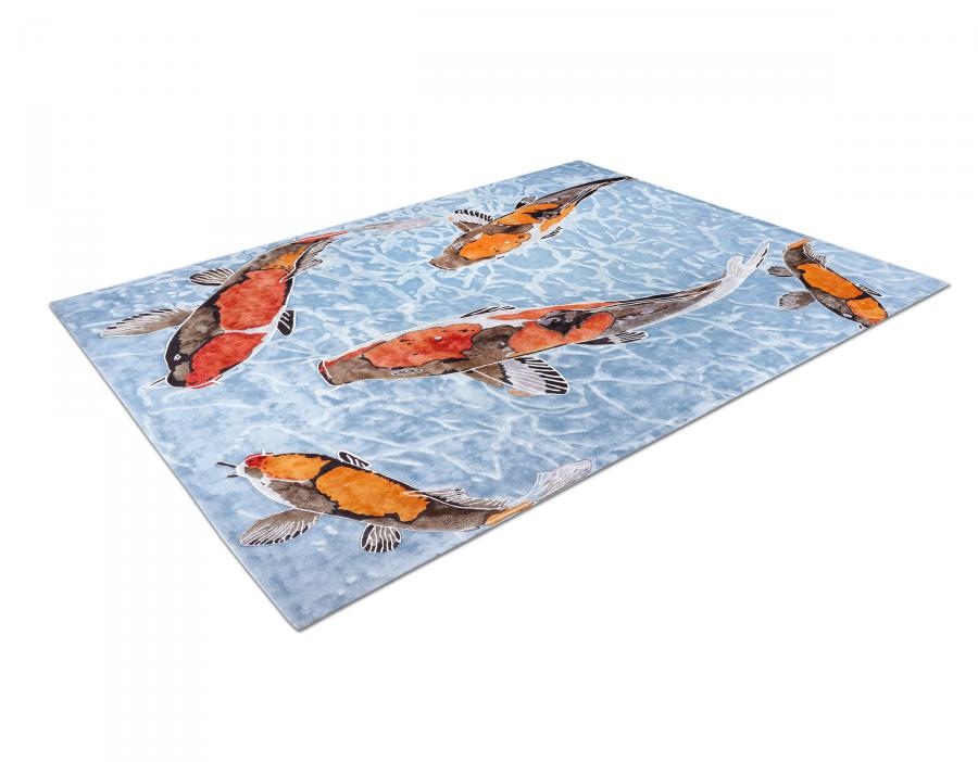 新中式蓝色鲤鱼图案地毯贴图-高端定制