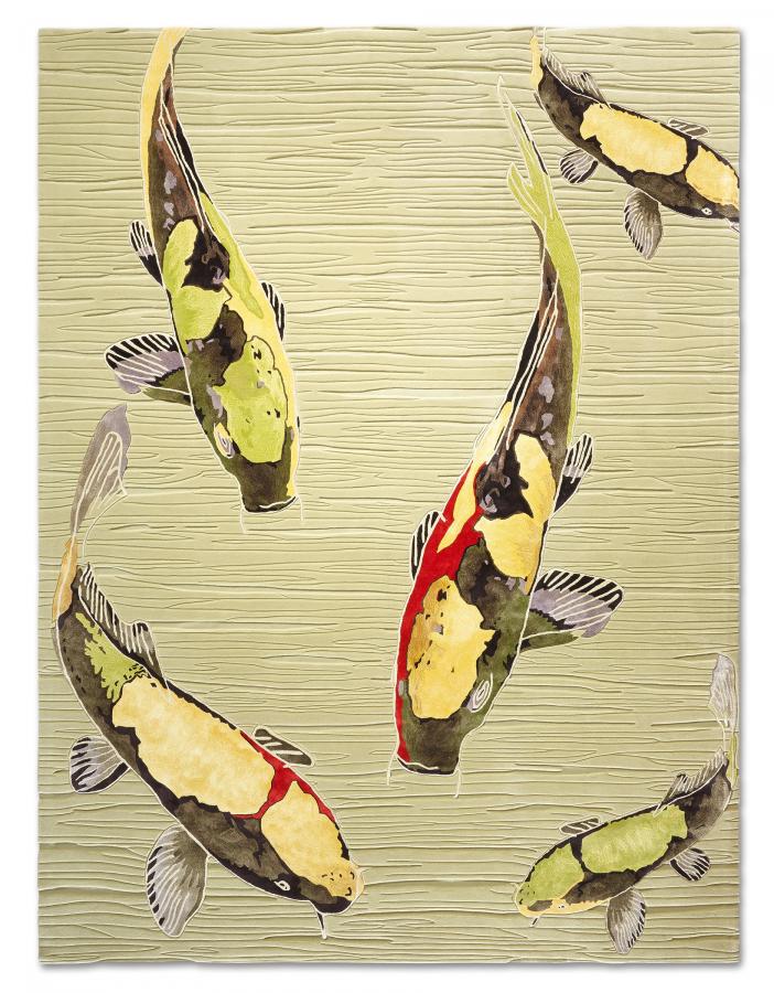 新中式黄绿色鲤鱼图案地毯贴图-高端定制