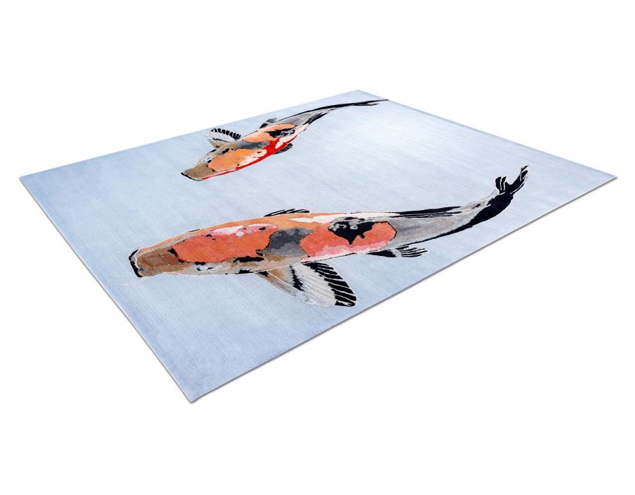 新中式蓝红鲤鱼图案地毯贴图-高端定制