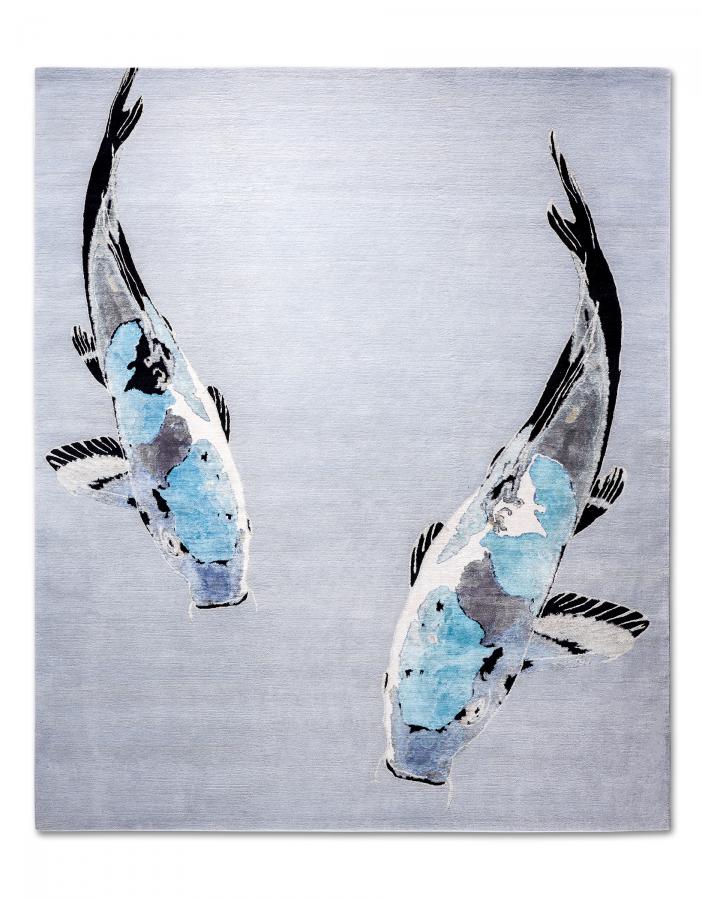 新中式灰蓝色鲤鱼图案地毯贴图-高端定制