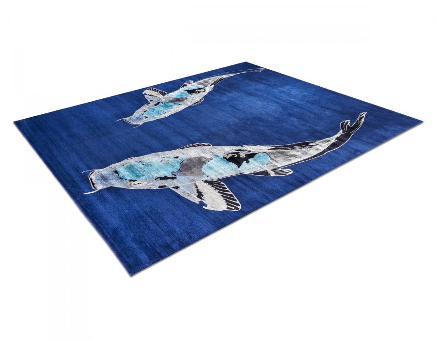 新中式蓝底灰色鲤鱼图案地毯贴图-高端定制