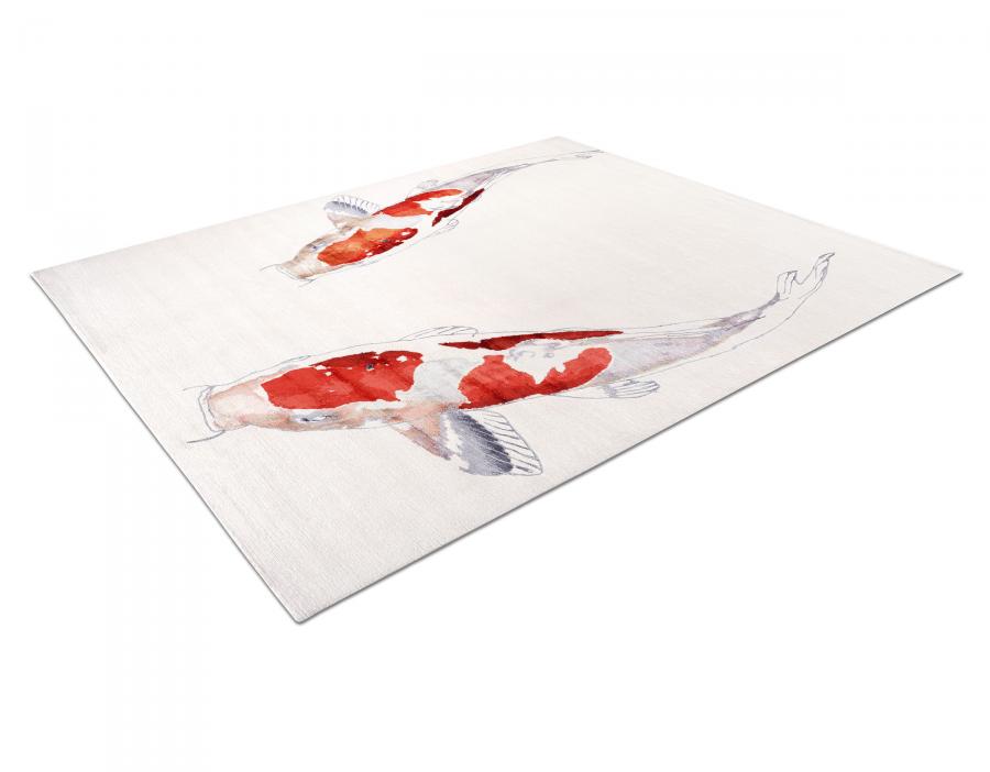 新中式米白红色鲤鱼图案地毯贴图-高端定制