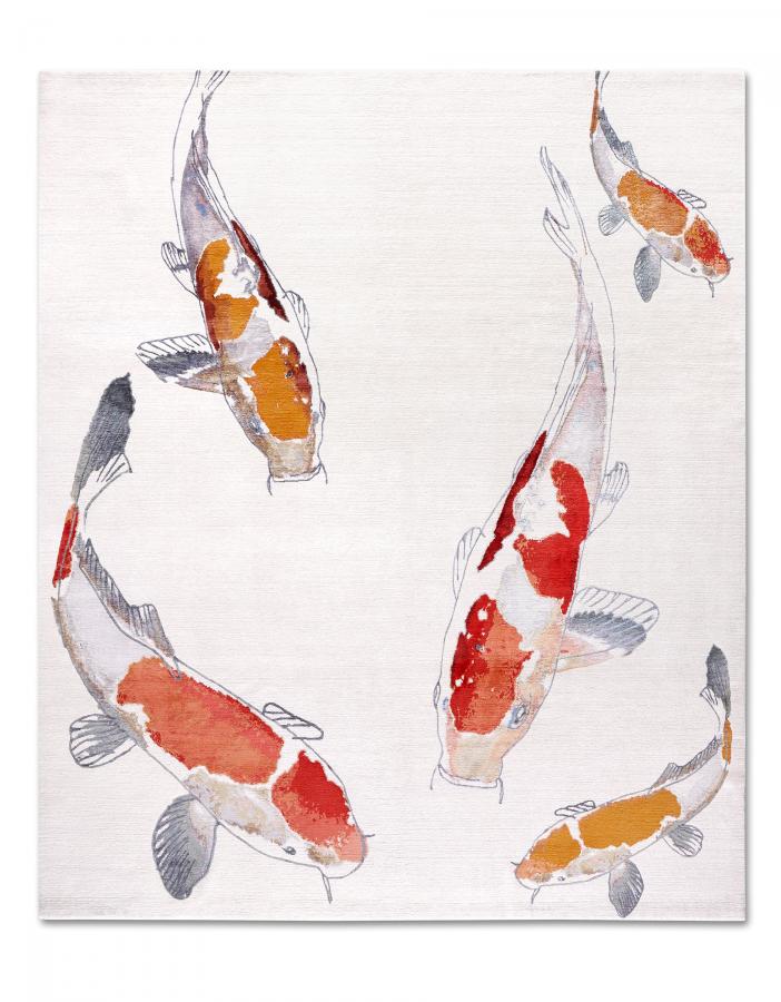 新中式米灰粉色鲤鱼图案地毯贴图-高端定制