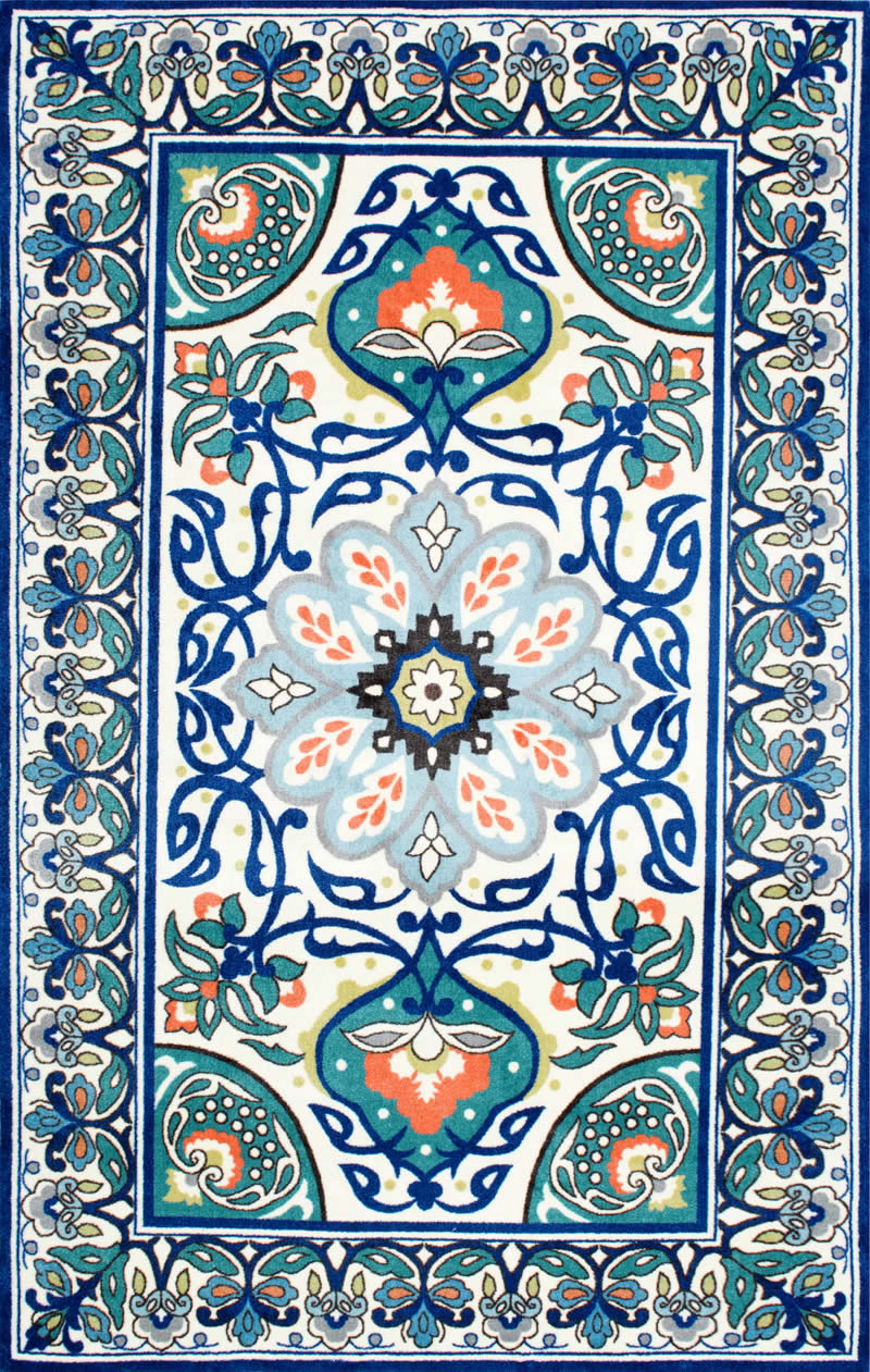 现代美式蓝绿色花纹图案地毯贴图