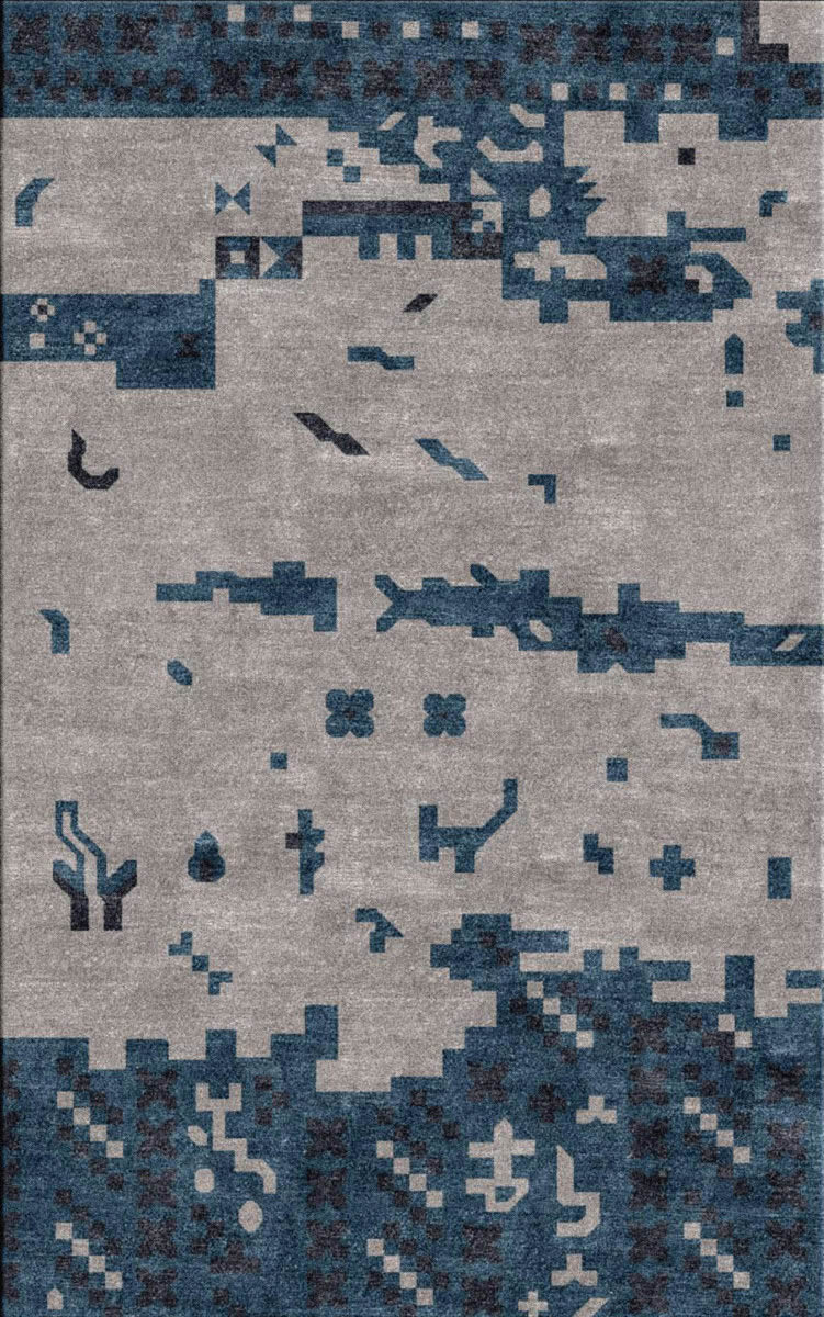 新中式蓝灰色几何格子图案地毯贴图