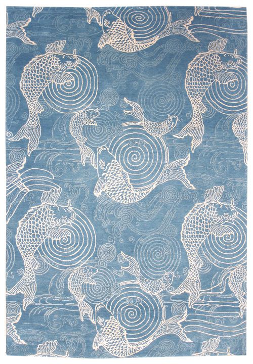 新中式蓝色鲤鱼图案地毯贴图-2