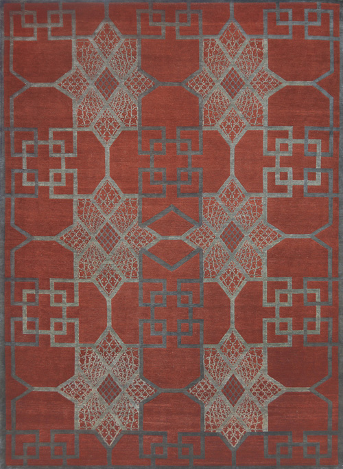新中式砖红色几何图案地毯贴图