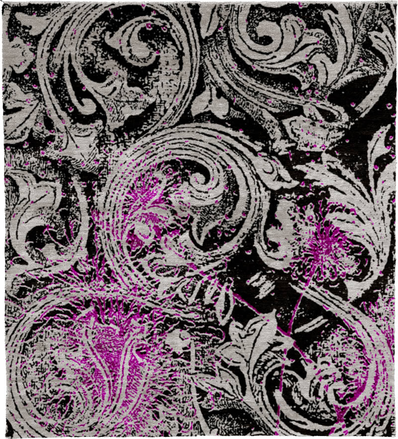 现代风格黑灰紫色花纹图案地毯贴图-高端定