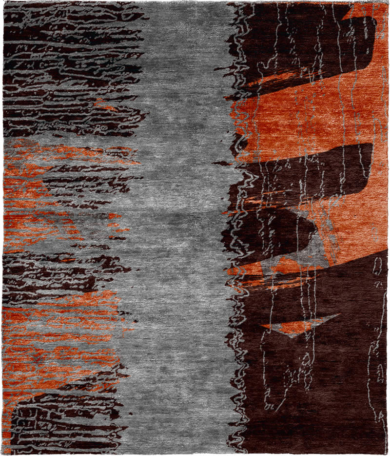 现代风格深咖色灰橘色抽象图案地毯贴图-高