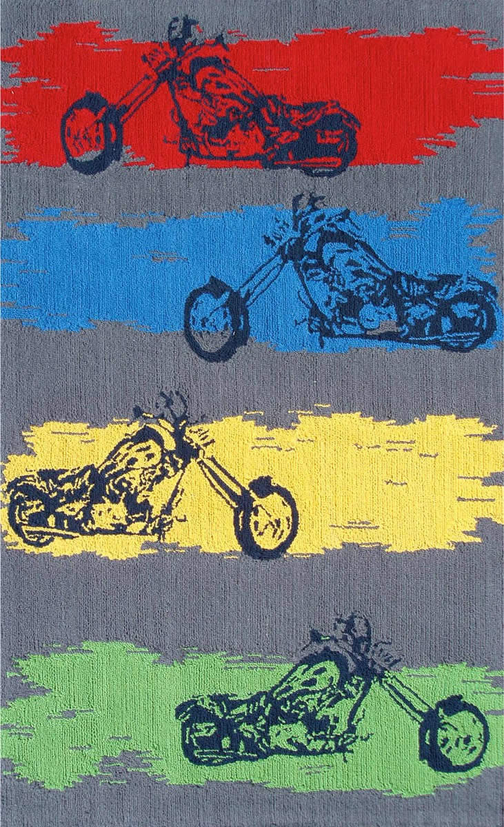 现代风格灰色底彩色摩托图案儿童地毯贴图
