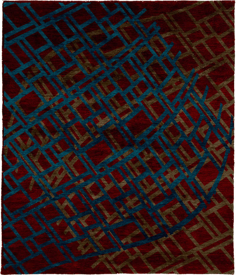 现代风格红咖蓝色几何纹理图案地毯贴图