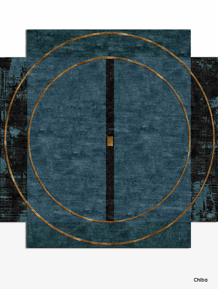 新中式蓝色金色圆形条纹图案地毯贴图
