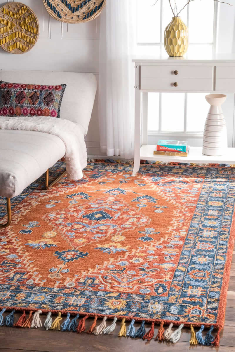 美式风格橘红蓝色花纹地毯贴图-高端定制