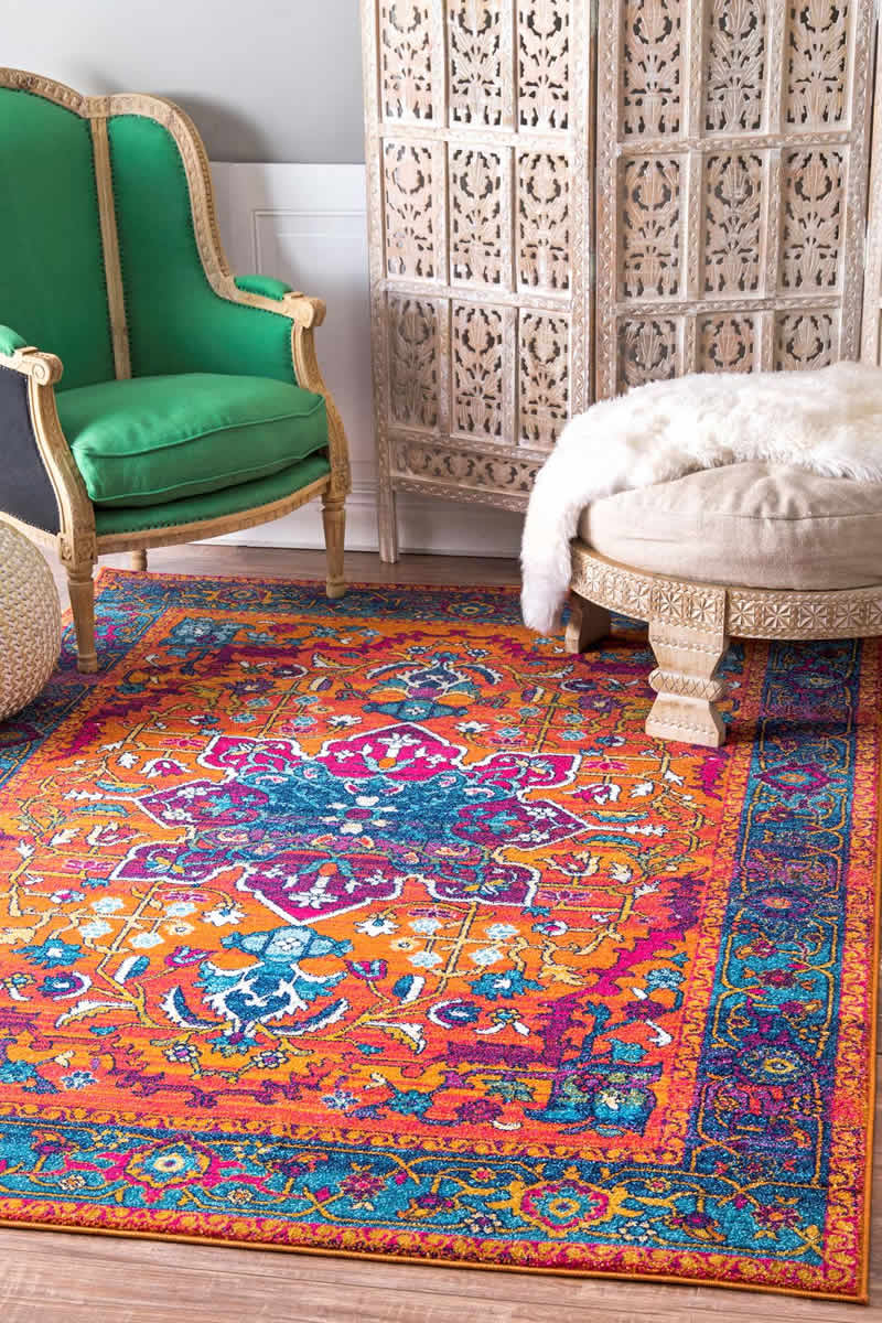 美式风格蓝橘色花纹图案地毯贴图-高端定制
