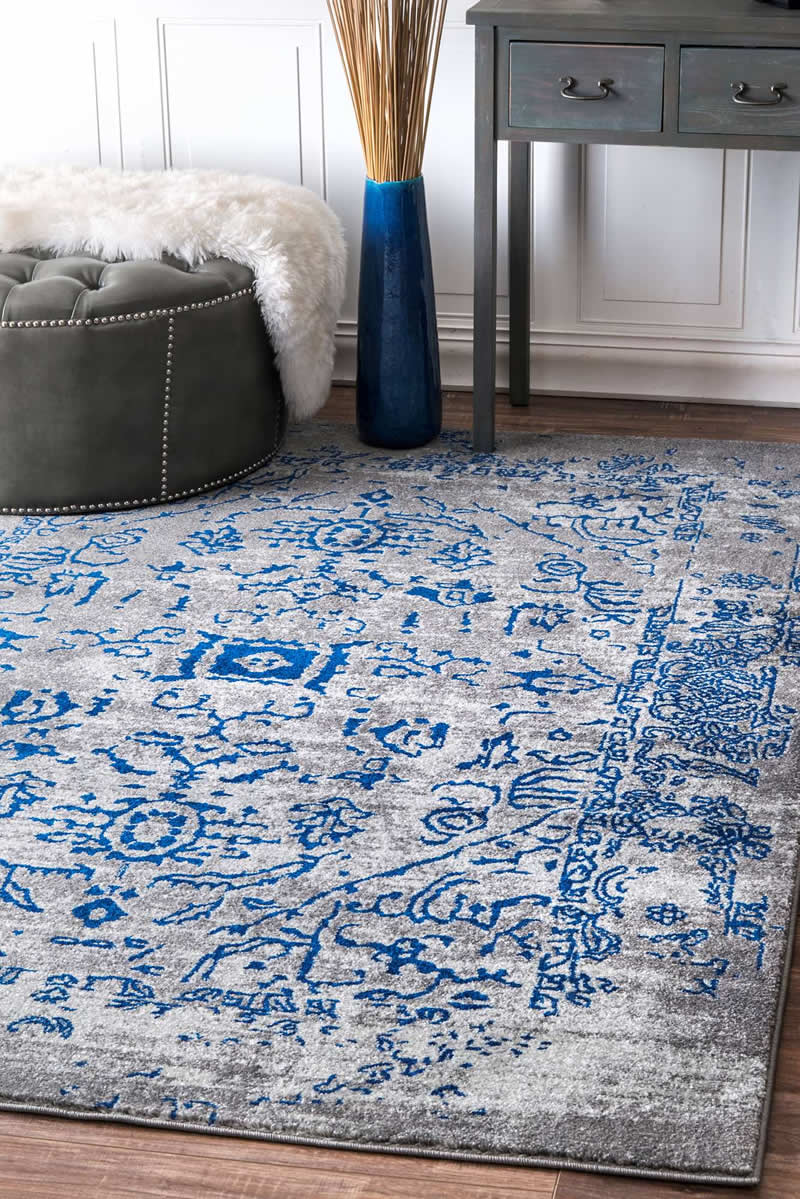 美式风格深蓝色灰底花纹图案地毯贴图-高端