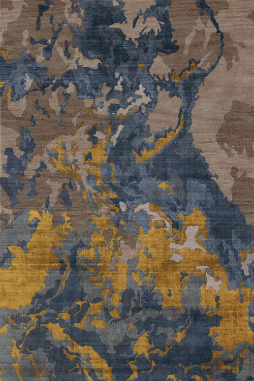 新中式蓝黄咖色抽象纹理图案地毯贴图