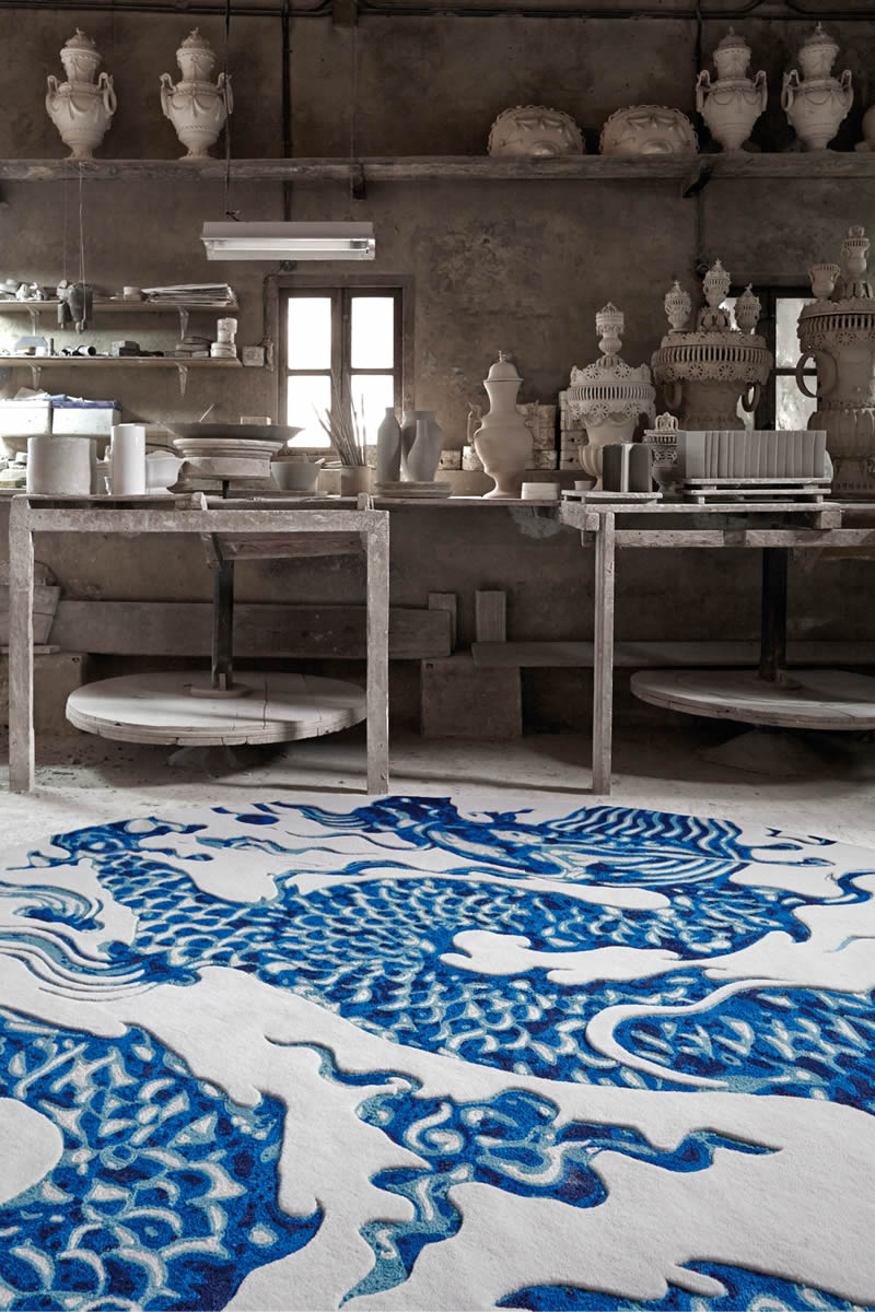 新中式青蓝色圆形龙图案地毯贴图-高端定制