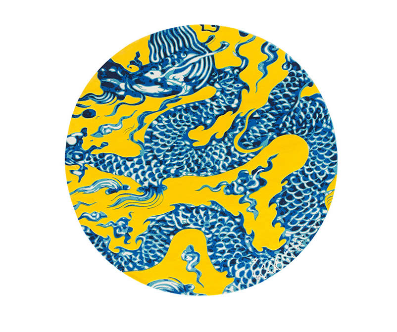 新中式黄底青蓝色圆形龙图案地毯贴图-高端定制