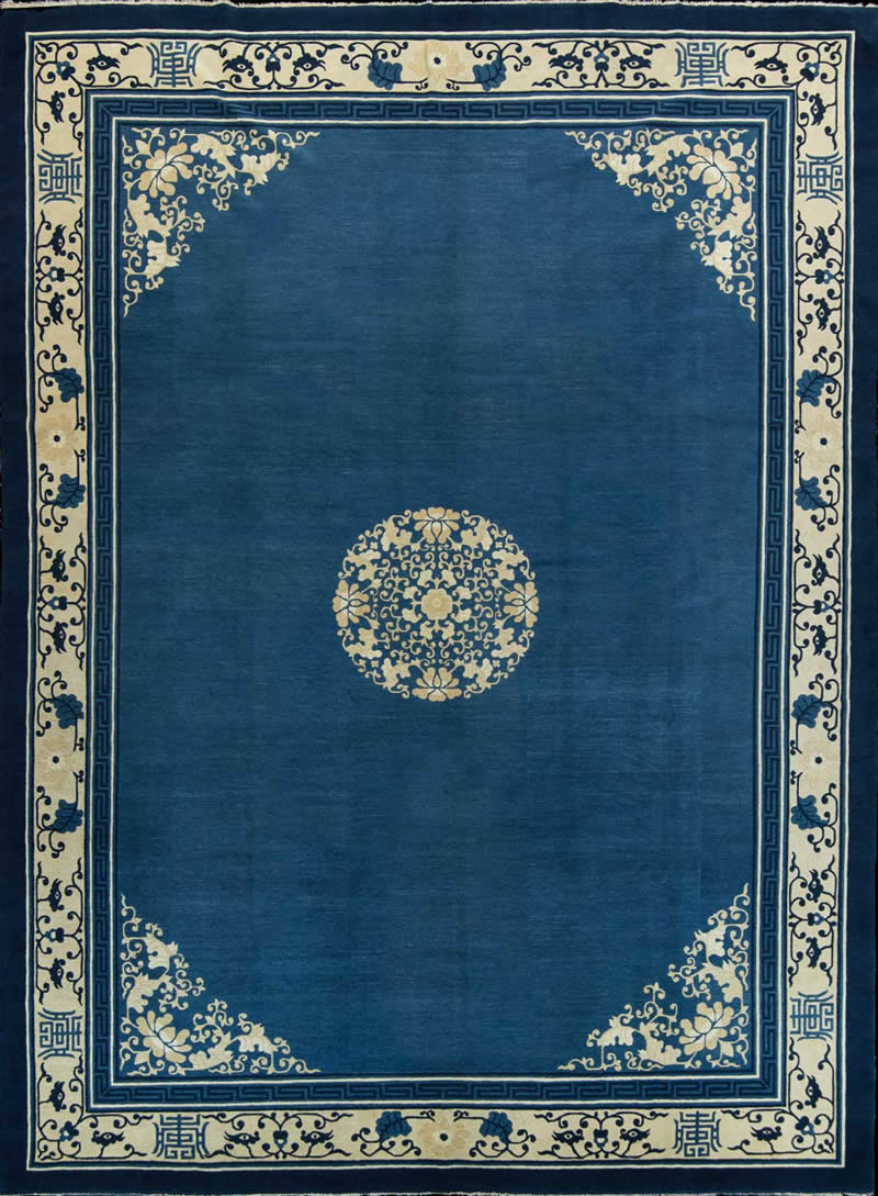 新中式深青蓝色花纹图案地毯-高端定制