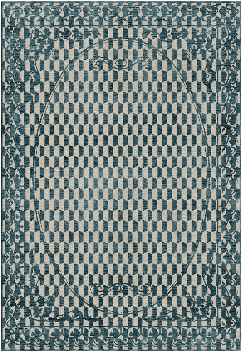 现代美式青绿色几何图形图案地毯贴图
