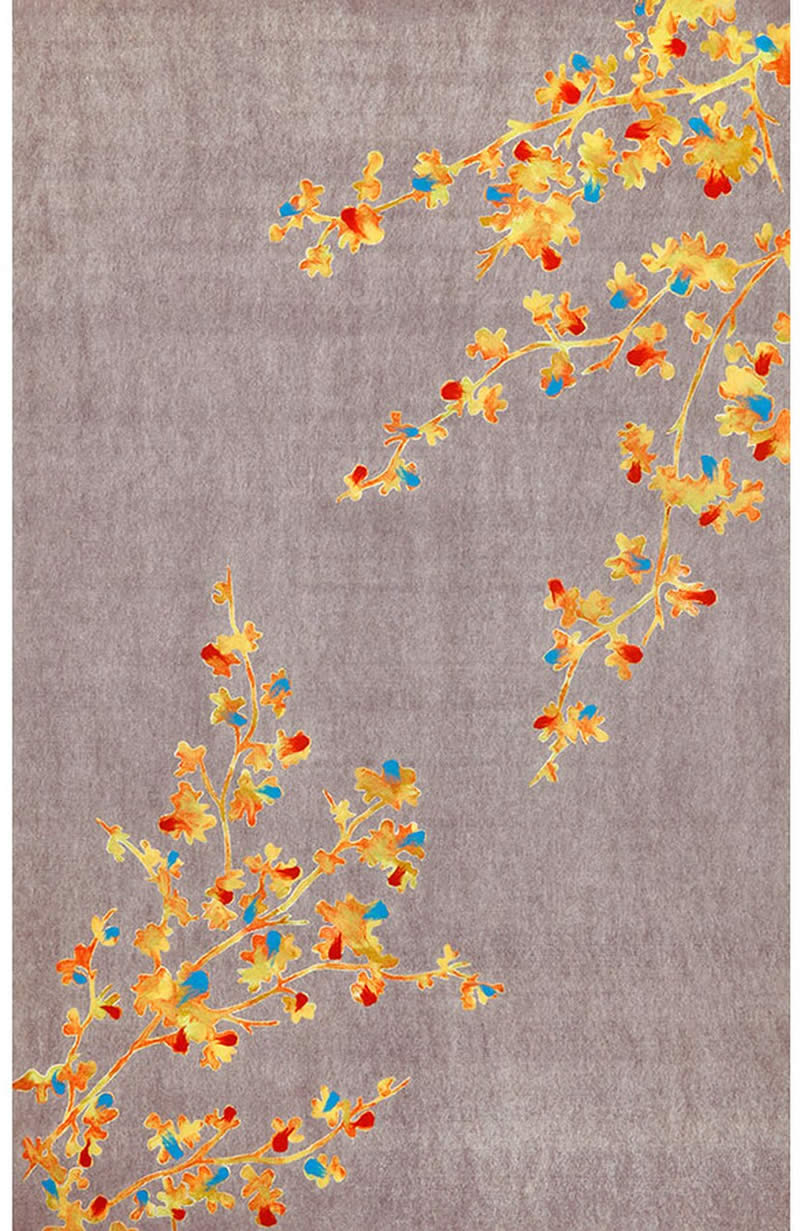 新中式红黄色杏叶子图案地毯贴图