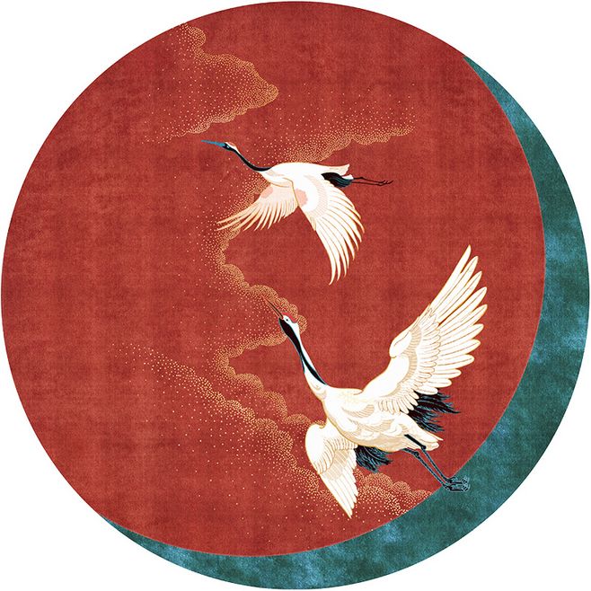 新中式丹顶鹤圆形图案地毯贴图-高端定制