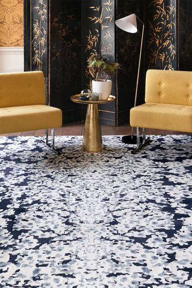 现代美式黑蓝色植物花朵图案地毯贴图-高端