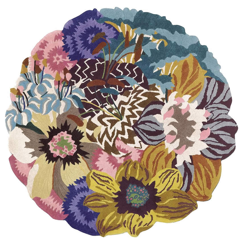 现代田园彩色花朵植物图案圆形地毯贴图