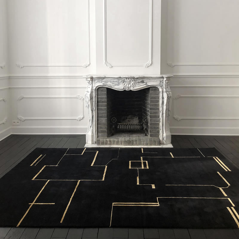 现代美式黑金色几何线条图案地毯贴图