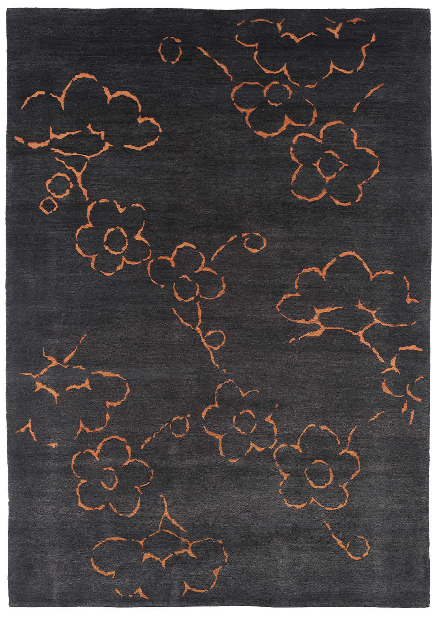 现代新中式深灰色花朵图案地毯贴图