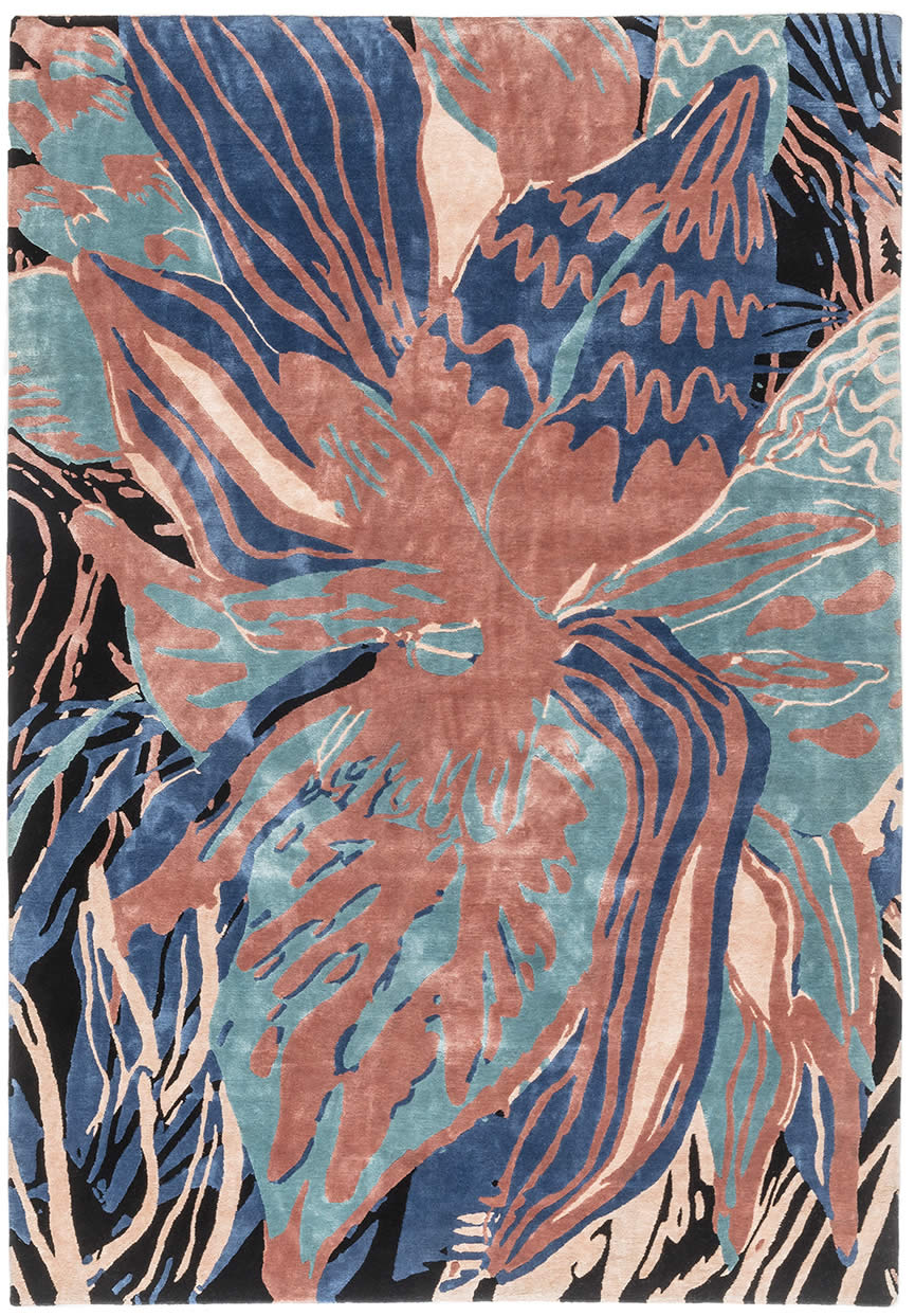 现代美式蓝咖红色花朵图案地毯贴图