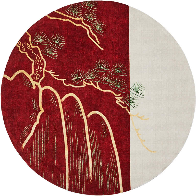 新中式红色山水松树图案地毯贴图