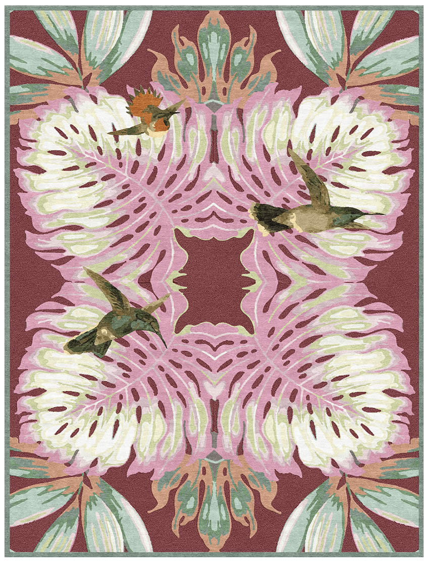 现代美式粉色植物小鸟图案地毯贴图
