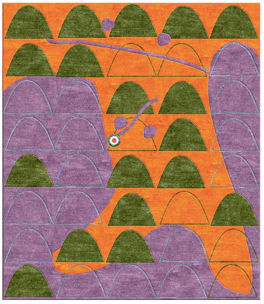 现代风格橙绿紫色树林山图案地毯贴图