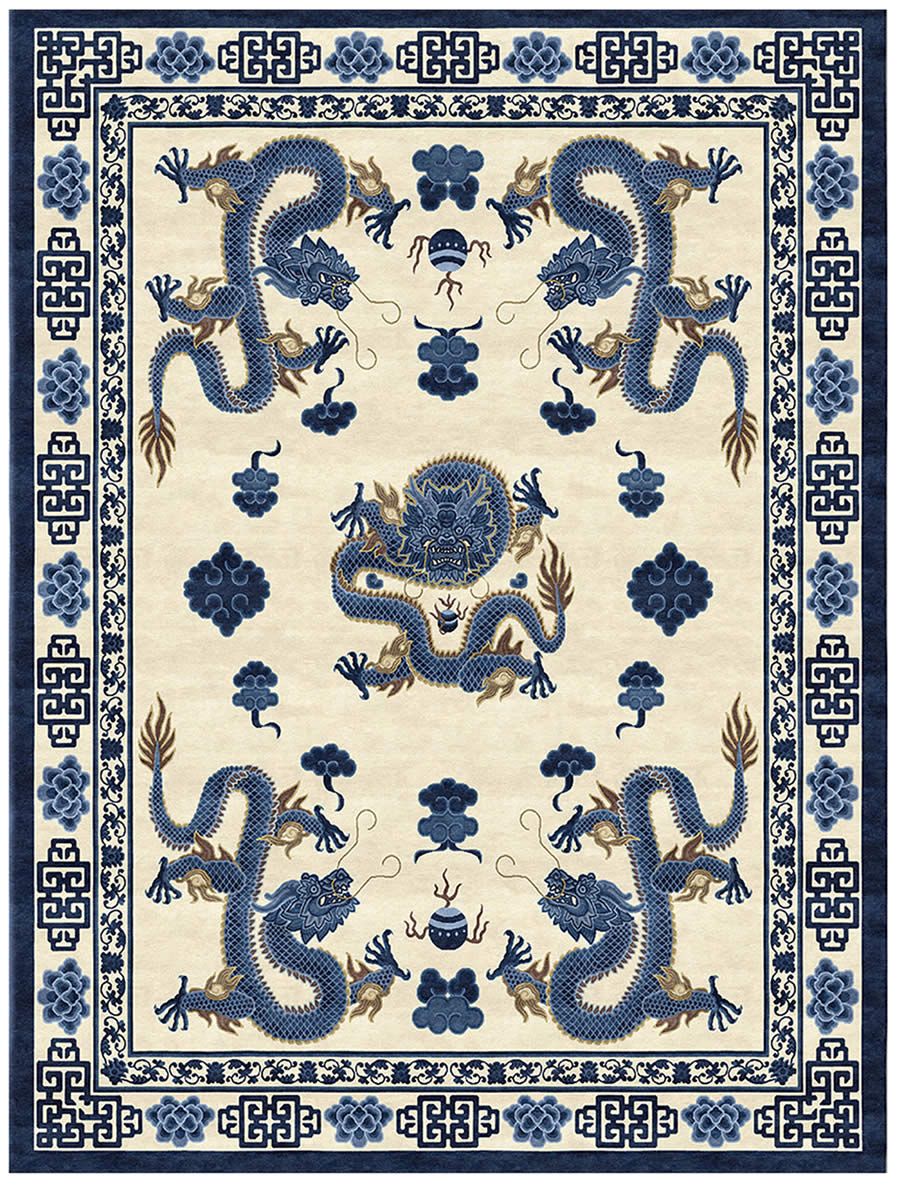 新中式古典蓝墨色龙图案地毯贴图——高端定